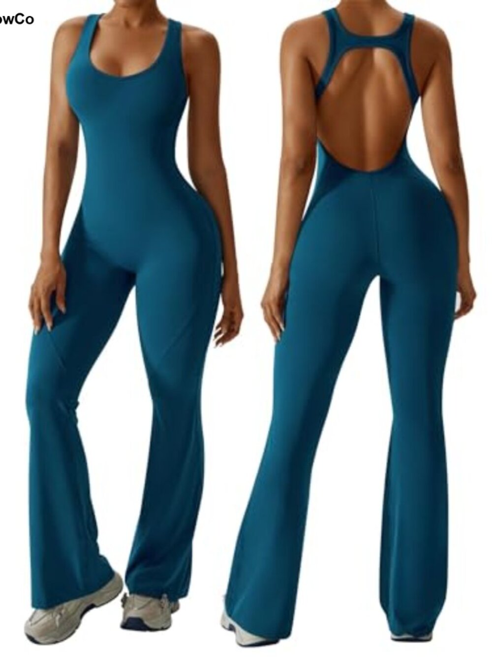 Womens Flare Jumpsuit Tummy Control Cutout Sleeveless One Piece Bodysuit